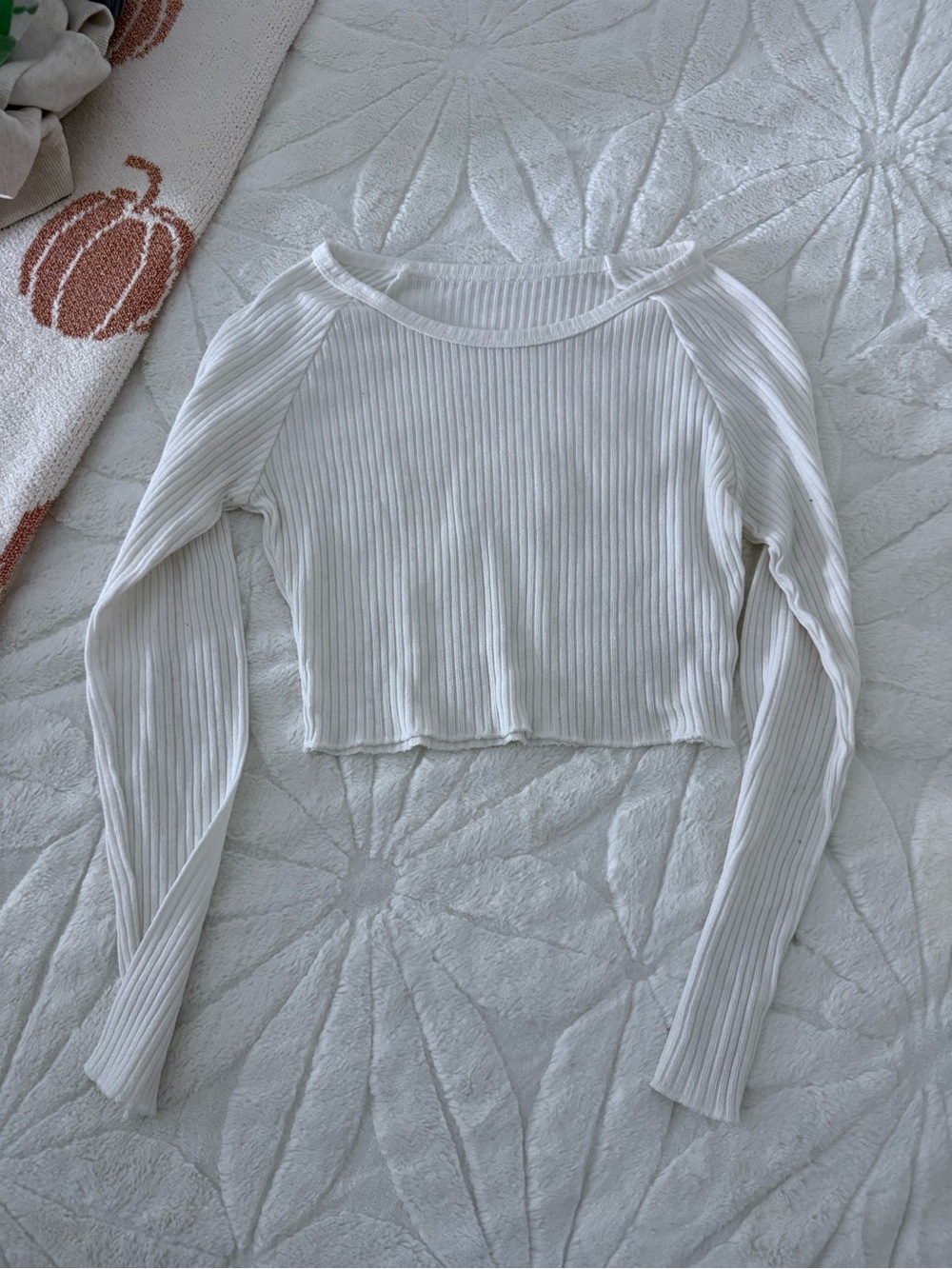 Ribbed Long-Sleeve Cropped Top - White